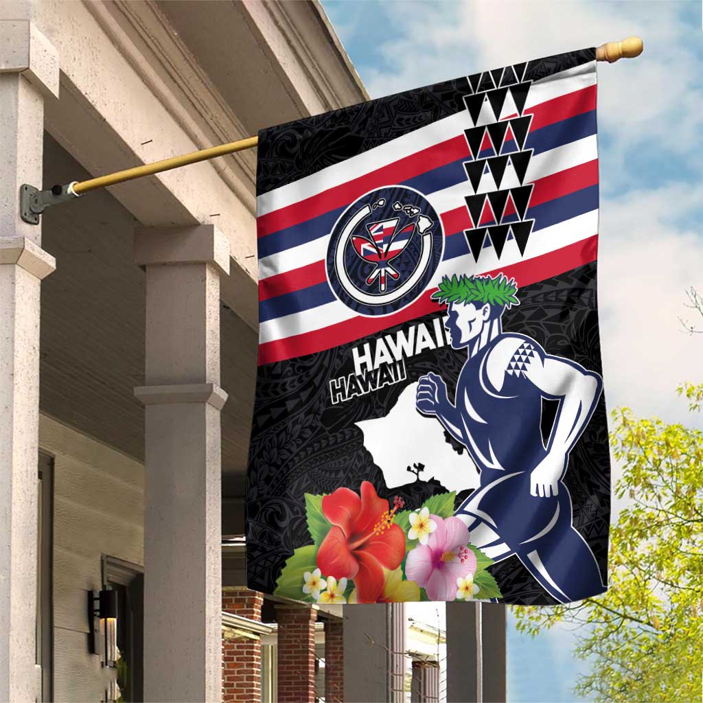 Honolulu Running Race Garden Flag Hawaii Marathon Kakau Art with Hibiscus and National Flag Style LT03 House Flag Blue and White - Polynesian Pride