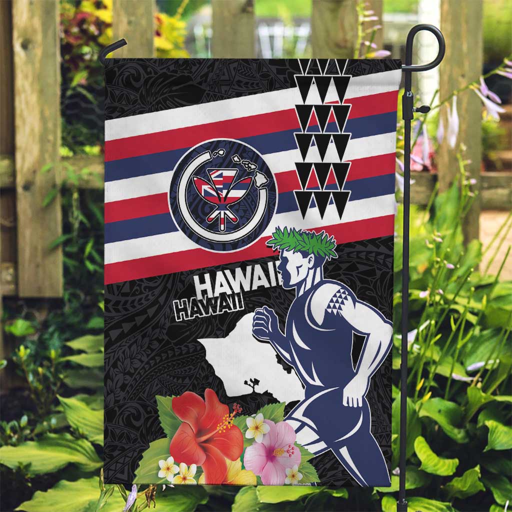 Honolulu Running Race Garden Flag Hawaii Marathon Kakau Art with Hibiscus and National Flag Style LT03 Garden Flag Blue and White - Polynesian Pride