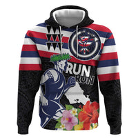Honolulu Running Race Hoodie Hawaii Marathon Kakau Art with Hibiscus and National Flag Style LT03 Pullover Hoodie Blue and White - Polynesian Pride