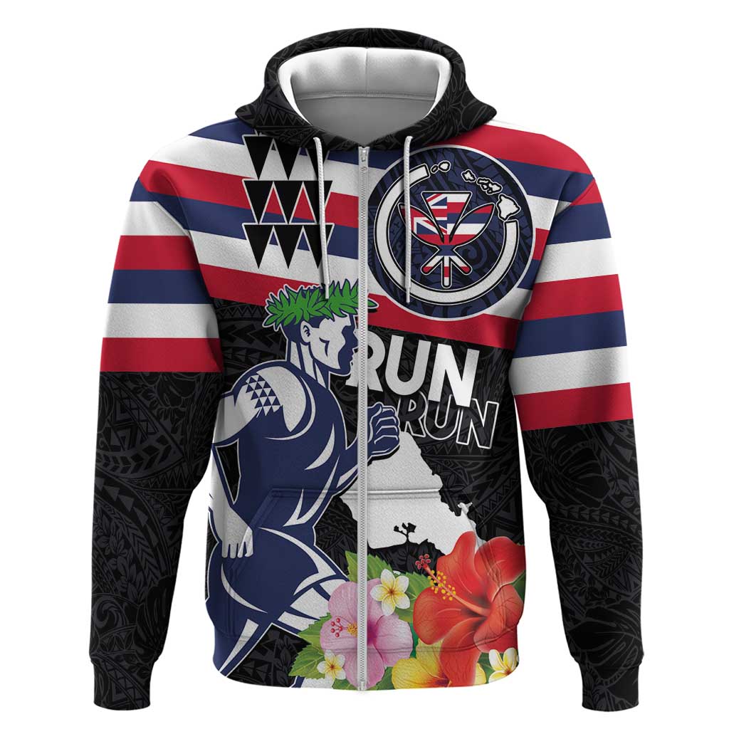 Honolulu Running Race Hoodie Hawaii Marathon Kakau Art with Hibiscus and National Flag Style LT03 Zip Hoodie Blue and White - Polynesian Pride
