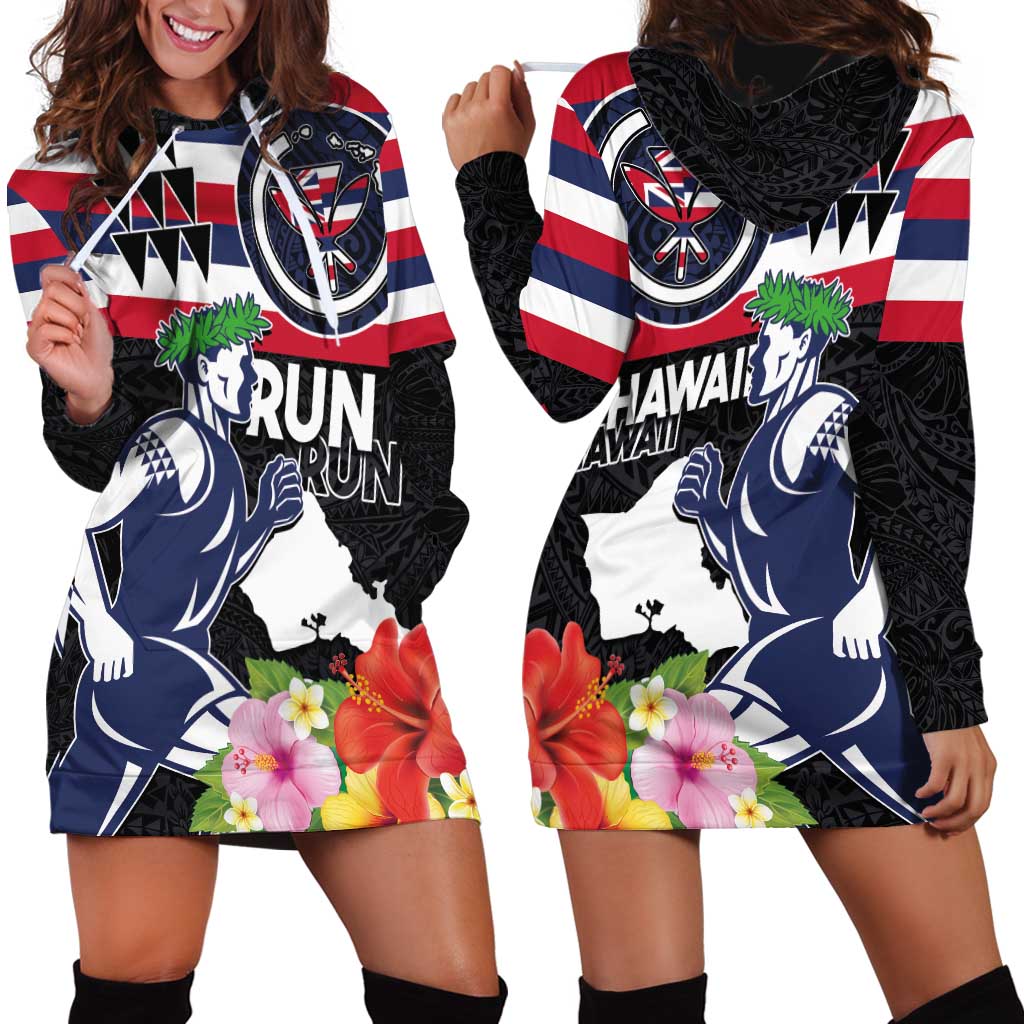 Honolulu Running Race Hoodie Dress Hawaii Marathon Kakau Art with Hibiscus and National Flag Style LT03 - Polynesian Pride