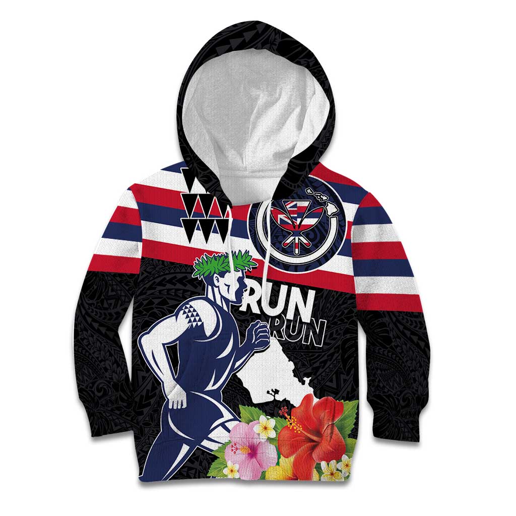 Honolulu Running Race Kid Hoodie Hawaii Marathon Kakau Art with Hibiscus and National Flag Style LT03 Hoodie Blue and White - Polynesian Pride