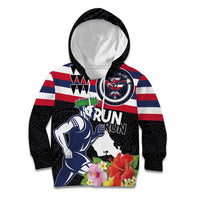 Honolulu Running Race Kid Hoodie Hawaii Marathon Kakau Art with Hibiscus and National Flag Style LT03 Hoodie Blue and White - Polynesian Pride