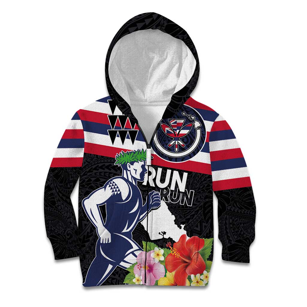 Honolulu Running Race Kid Hoodie Hawaii Marathon Kakau Art with Hibiscus and National Flag Style LT03 Zip Hoodie Blue and White - Polynesian Pride