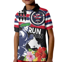Honolulu Running Race Kid Polo Shirt Hawaii Marathon Kakau Art with Hibiscus and National Flag Style LT03 Kid Blue and White - Polynesian Pride