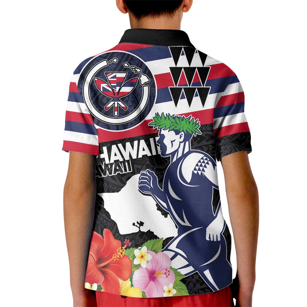 Honolulu Running Race Kid Polo Shirt Hawaii Marathon Kakau Art with Hibiscus and National Flag Style LT03 - Polynesian Pride