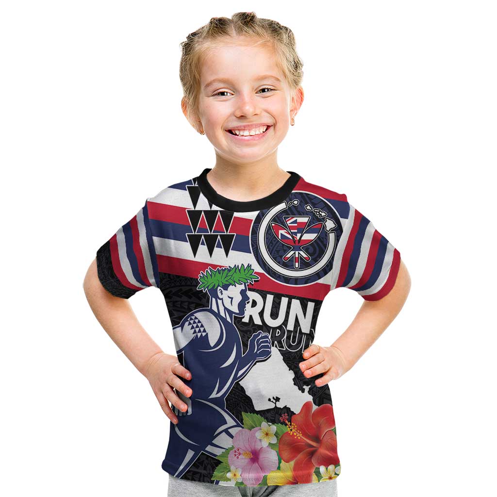 Honolulu Running Race Kid T Shirt Hawaii Marathon Kakau Art with Hibiscus and National Flag Style LT03 Blue and White - Polynesian Pride