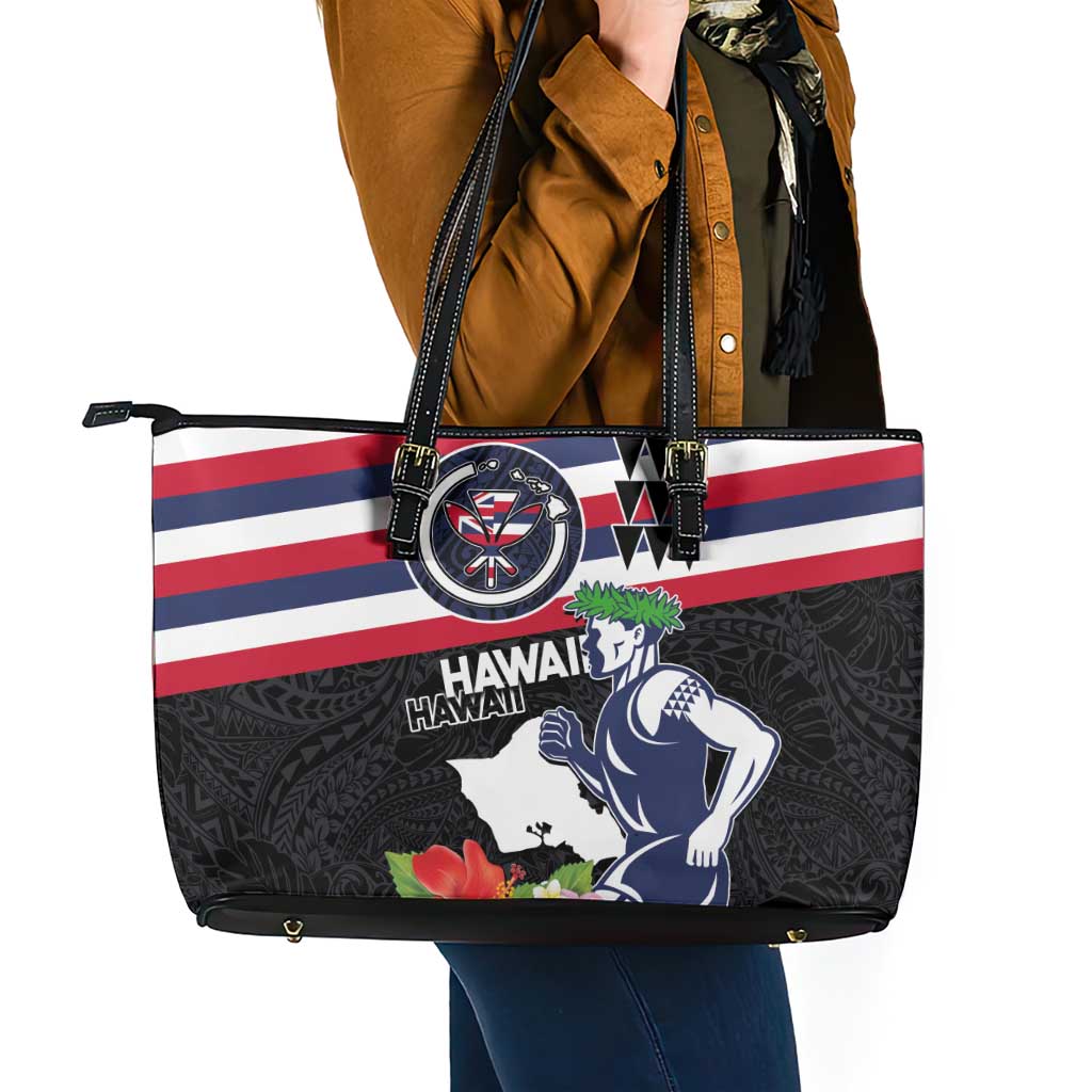 Honolulu Running Race Leather Tote Bag Hawaii Marathon Kakau Art with Hibiscus and National Flag Style LT03 - Polynesian Pride