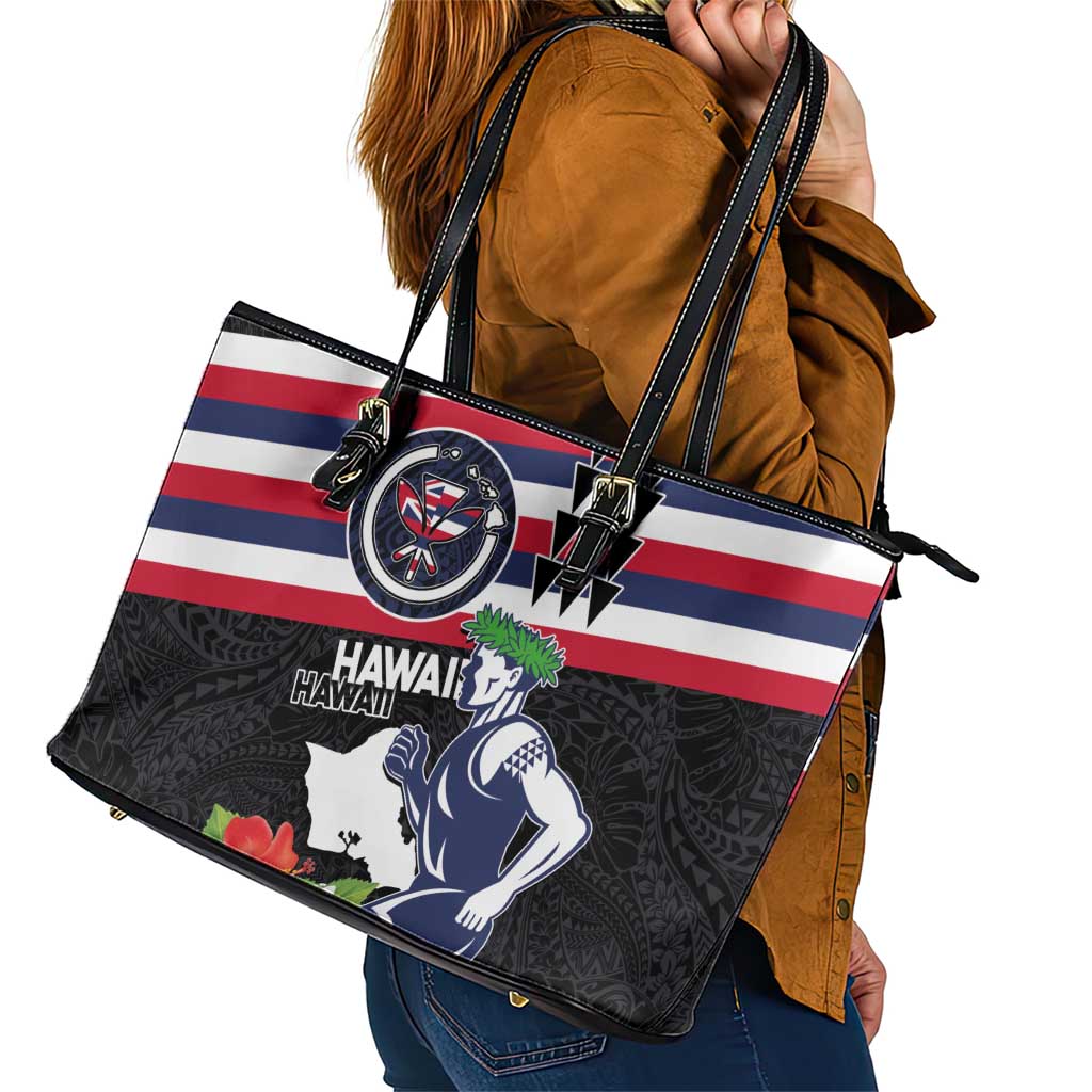 Honolulu Running Race Leather Tote Bag Hawaii Marathon Kakau Art with Hibiscus and National Flag Style LT03 - Polynesian Pride