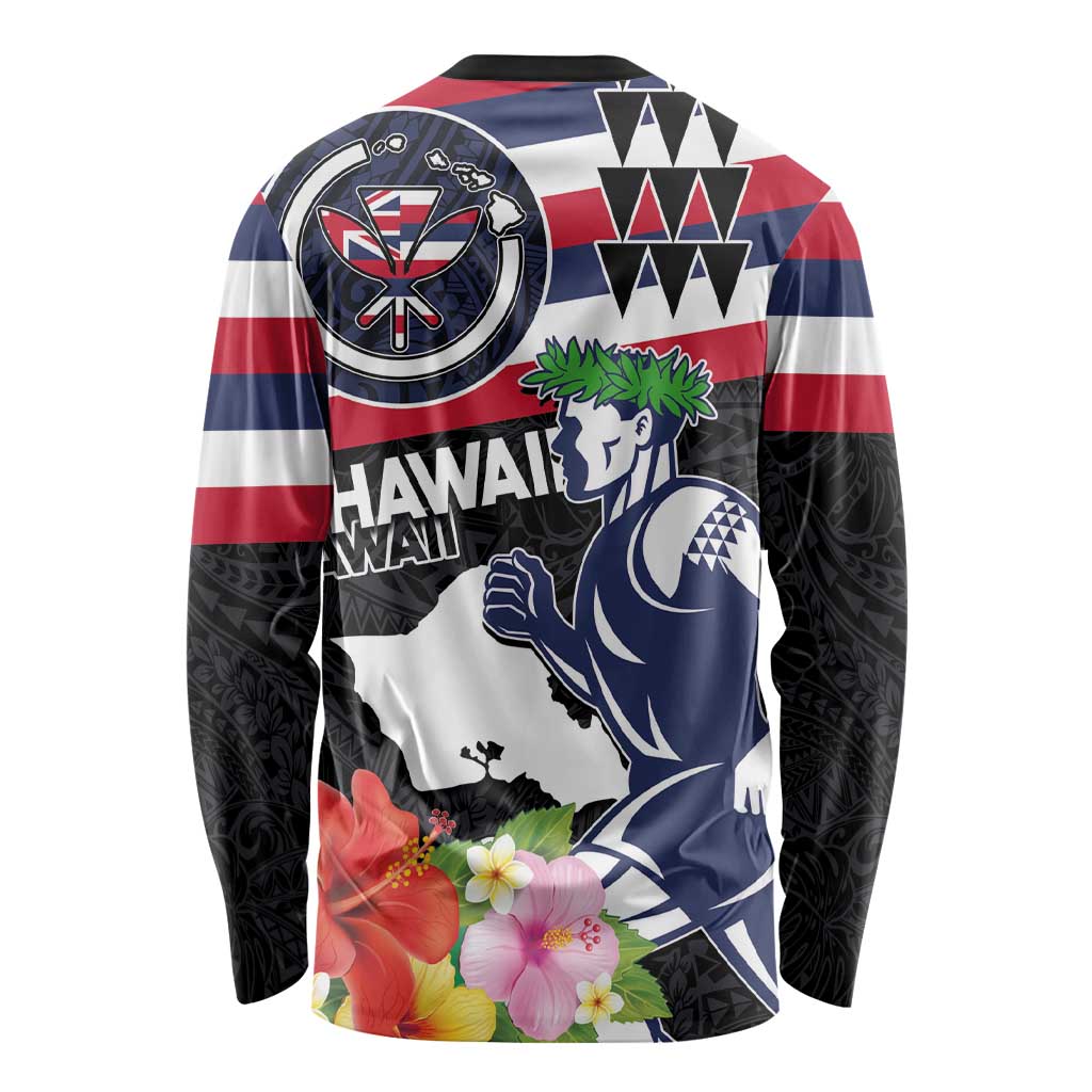 Honolulu Running Race Long Sleeve Shirt Hawaii Marathon Kakau Art with Hibiscus and National Flag Style LT03 - Polynesian Pride