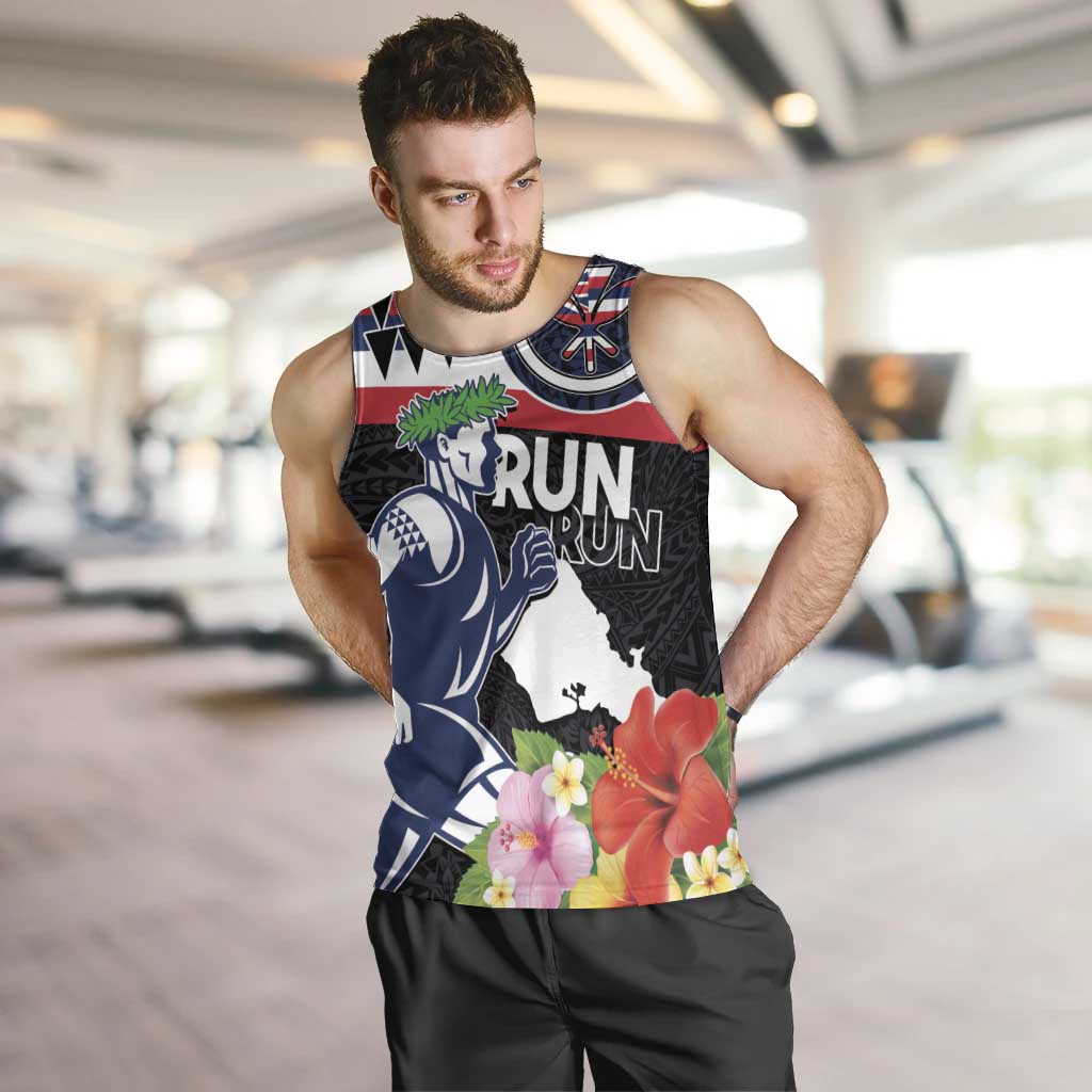 Honolulu Running Race Men Tank Top Hawaii Marathon Kakau Art with Hibiscus and National Flag Style LT03 Blue and White - Polynesian Pride