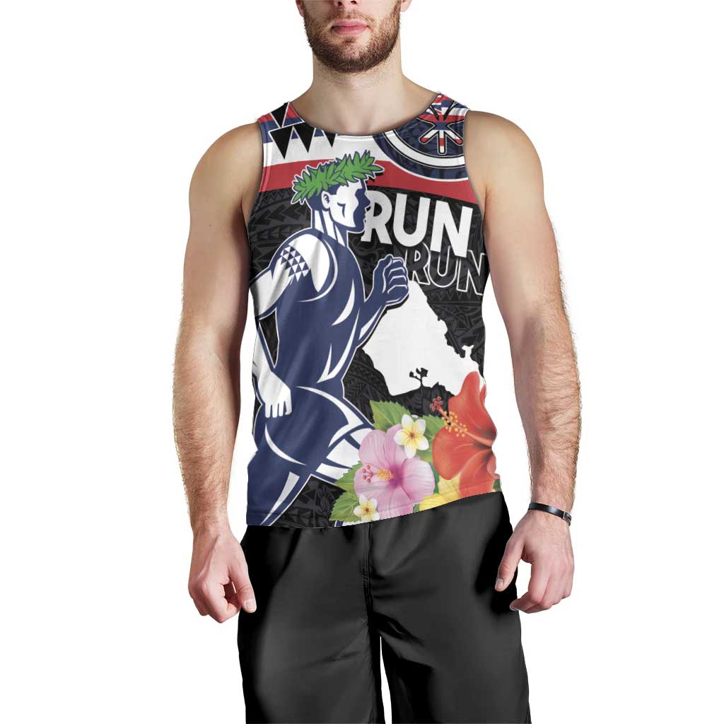 Honolulu Running Race Men Tank Top Hawaii Marathon Kakau Art with Hibiscus and National Flag Style LT03 - Polynesian Pride