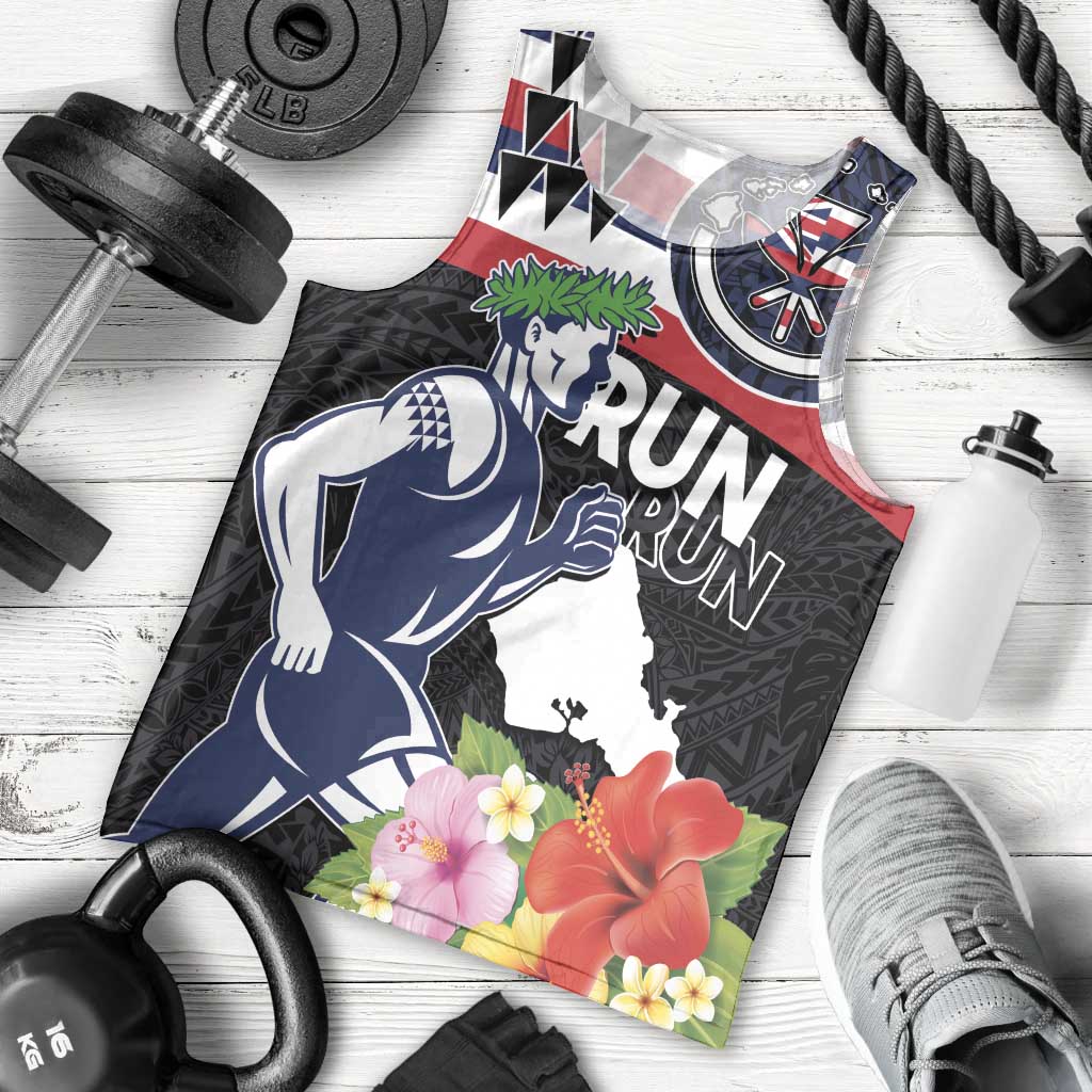 Honolulu Running Race Men Tank Top Hawaii Marathon Kakau Art with Hibiscus and National Flag Style LT03 - Polynesian Pride