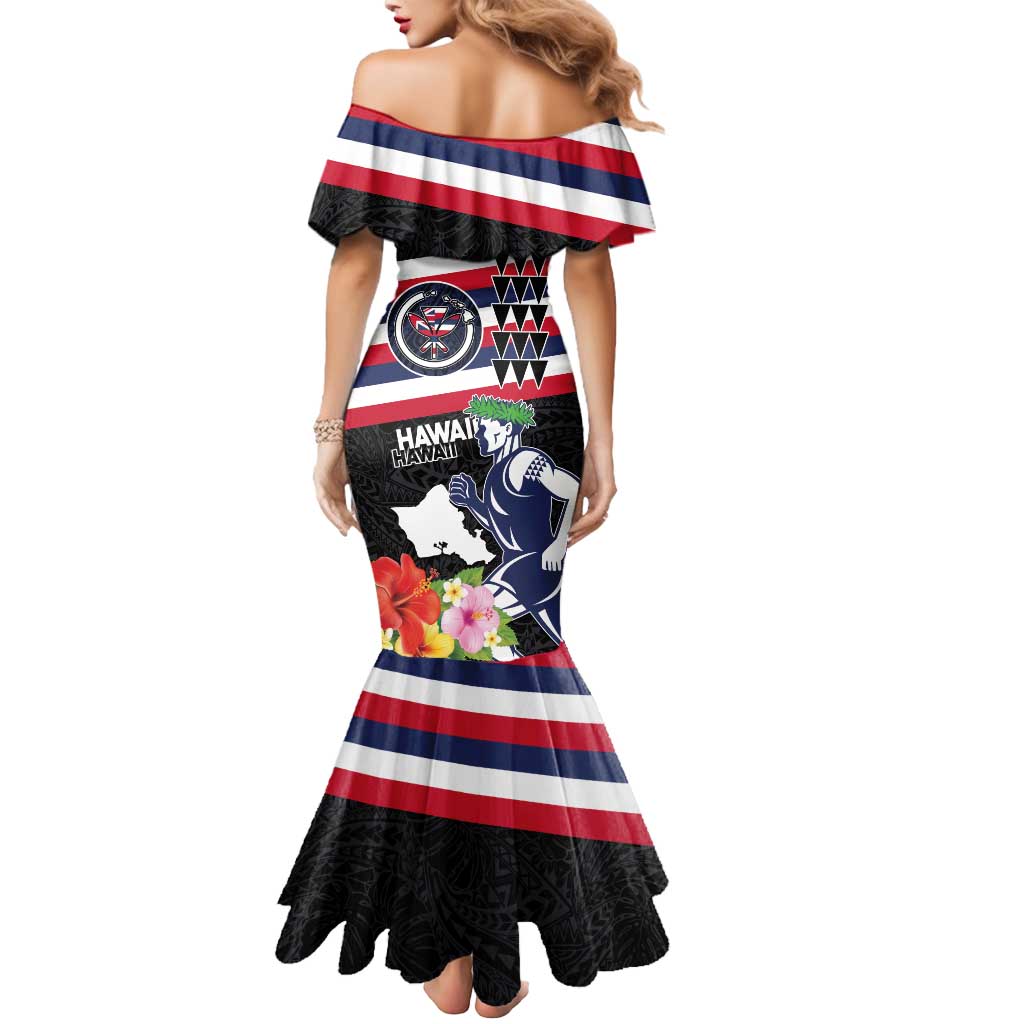 Honolulu Running Race Mermaid Dress Hawaii Marathon Kakau Art with Hibiscus and National Flag Style LT03 - Polynesian Pride