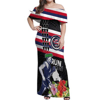 Honolulu Running Race Off Shoulder Maxi Dress Hawaii Marathon Kakau Art with Hibiscus and National Flag Style LT03 Women Blue and White - Polynesian Pride