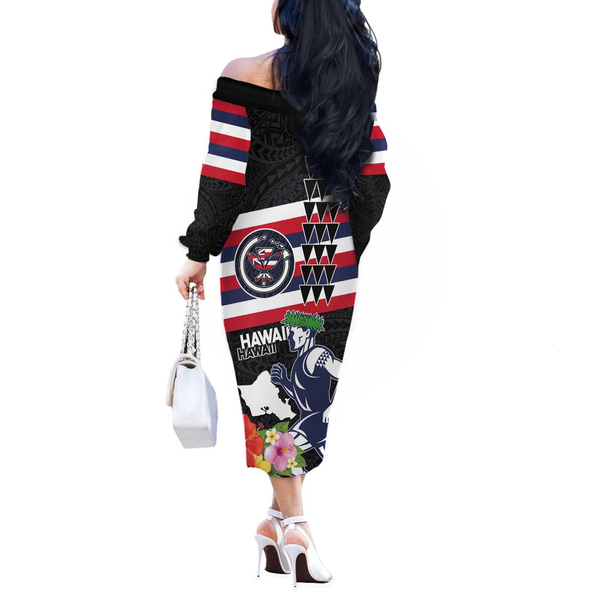 Honolulu Running Race Off The Shoulder Long Sleeve Dress Hawaii Marathon Kakau Art with Hibiscus and National Flag Style LT03 - Polynesian Pride