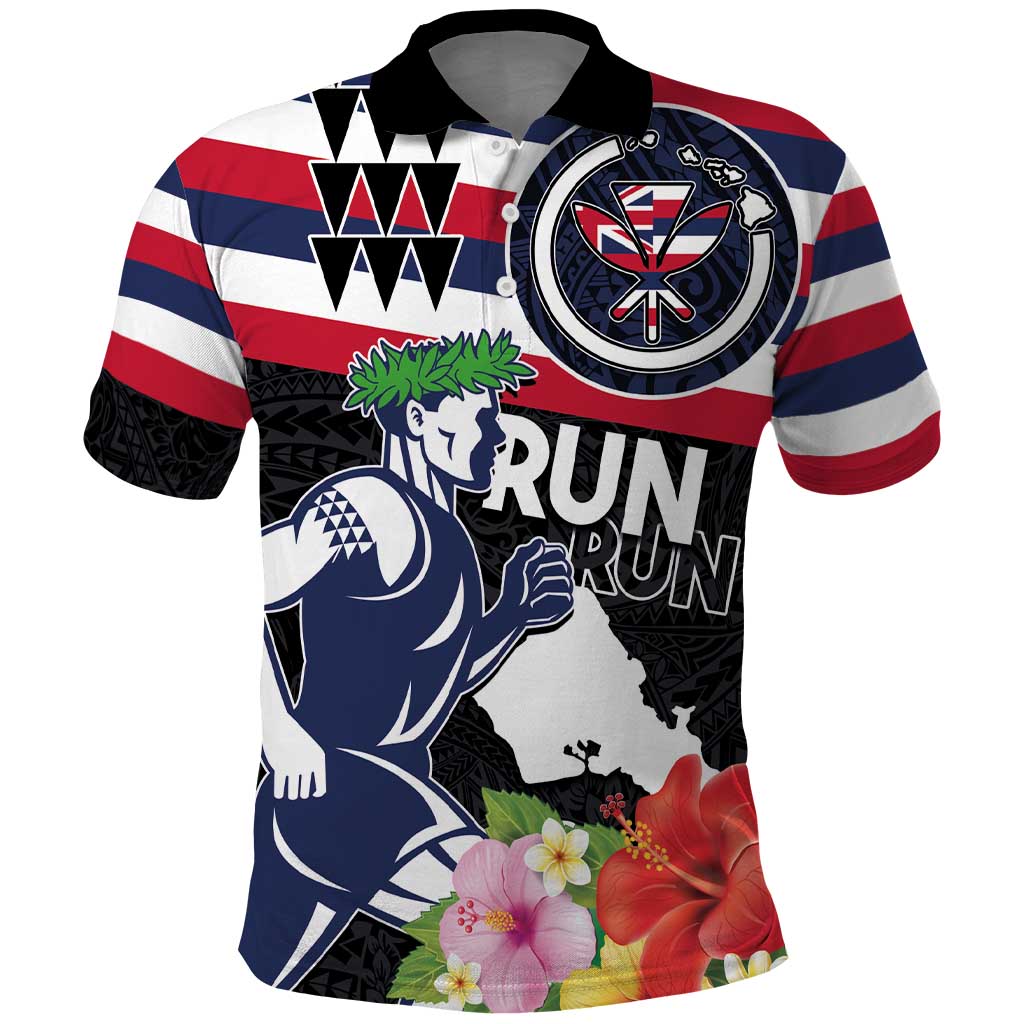 Honolulu Running Race Polo Shirt Hawaii Marathon Kakau Art with Hibiscus and National Flag Style LT03 Blue and White - Polynesian Pride