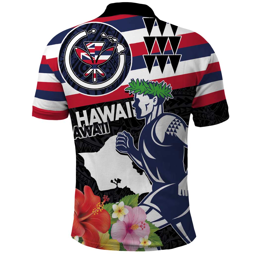 Honolulu Running Race Polo Shirt Hawaii Marathon Kakau Art with Hibiscus and National Flag Style LT03 - Polynesian Pride