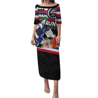Honolulu Running Race Puletasi Hawaii Marathon Kakau Art with Hibiscus and National Flag Style LT03 Long Dress Blue and White - Polynesian Pride