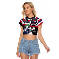 Honolulu Running Race Raglan Cropped T Shirt Hawaii Marathon Kakau Art with Hibiscus and National Flag Style LT03 Female Blue and White - Polynesian Pride