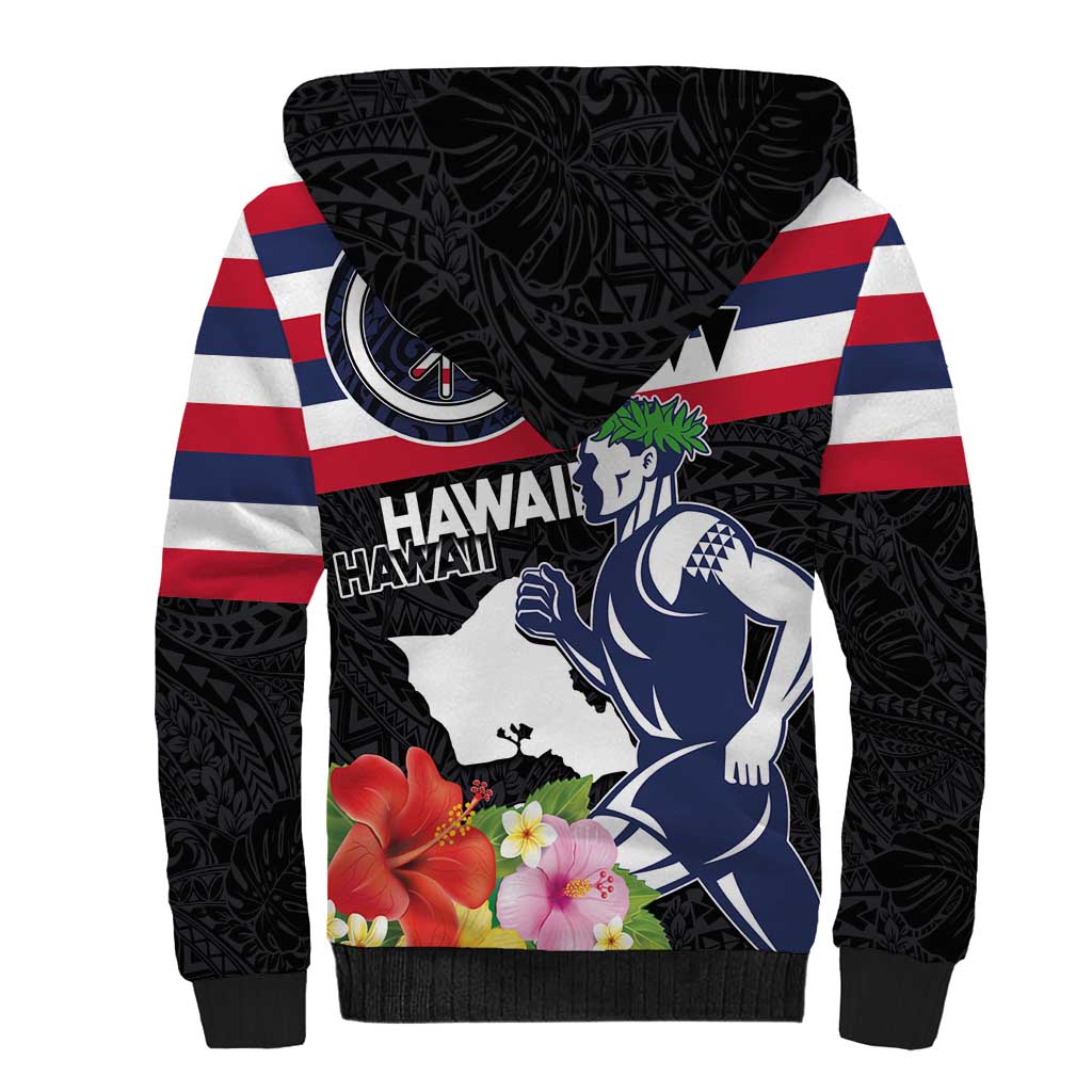 Honolulu Running Race Sherpa Hoodie Hawaii Marathon Kakau Art with Hibiscus and National Flag Style LT03 - Polynesian Pride