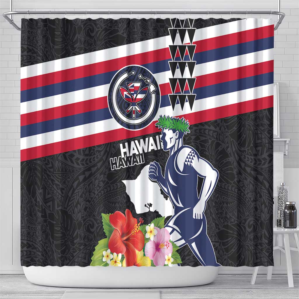 Honolulu Running Race Shower Curtain Hawaii Marathon Kakau Art with Hibiscus and National Flag Style LT03 - Polynesian Pride