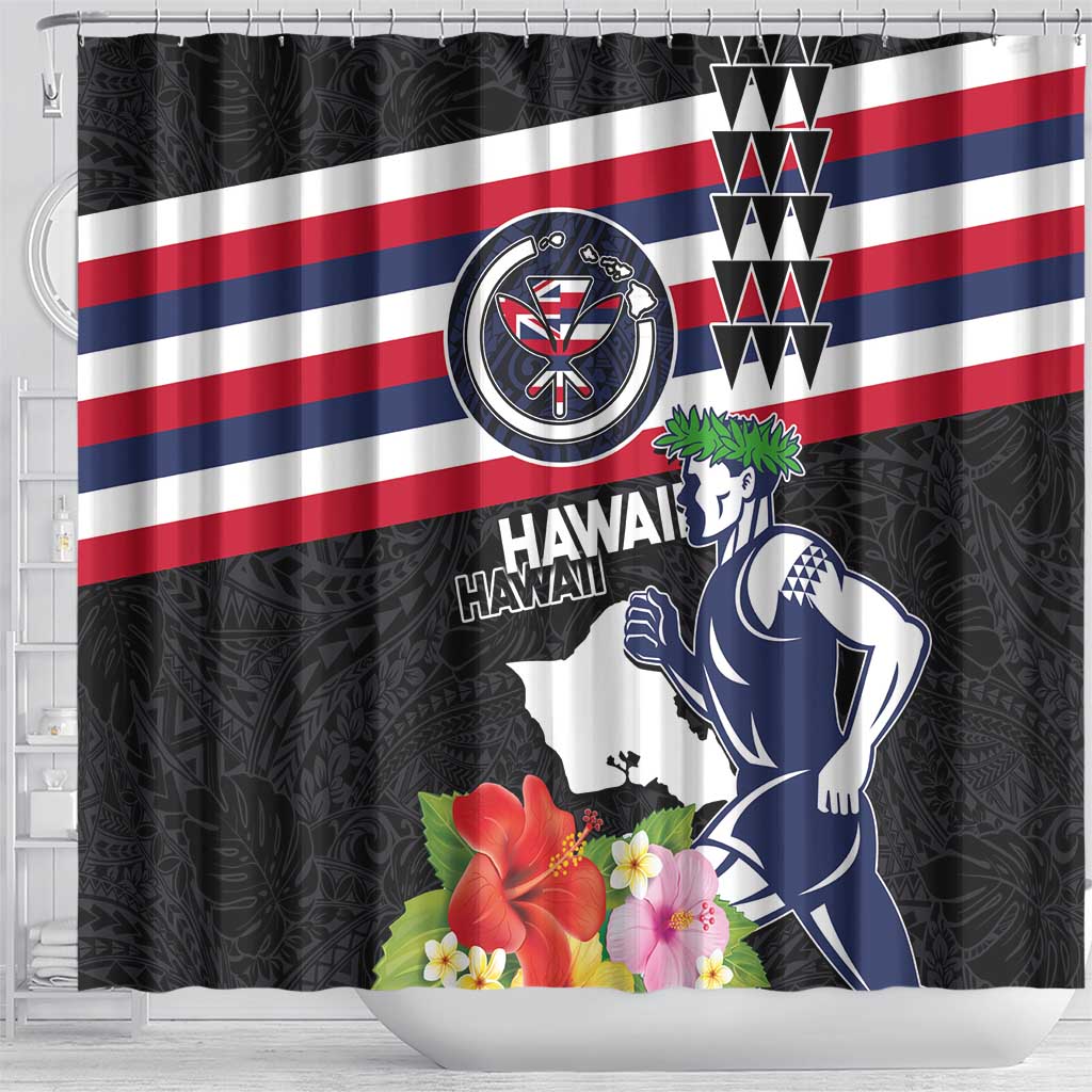 Honolulu Running Race Shower Curtain Hawaii Marathon Kakau Art with Hibiscus and National Flag Style LT03 - Polynesian Pride