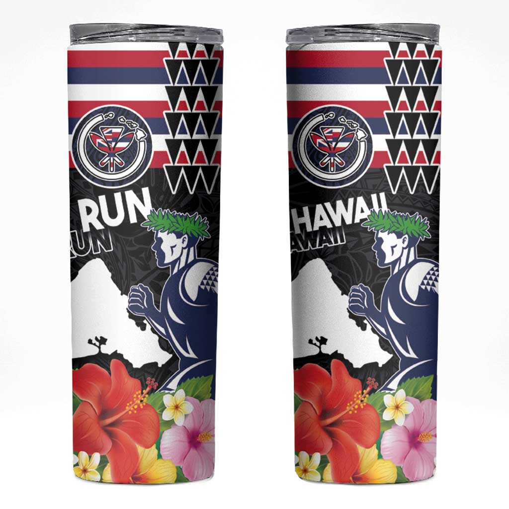 Honolulu Running Race Skinny Tumbler Hawaii Marathon Kakau Art with Hibiscus and National Flag Style LT03 Blue and White - Polynesian Pride