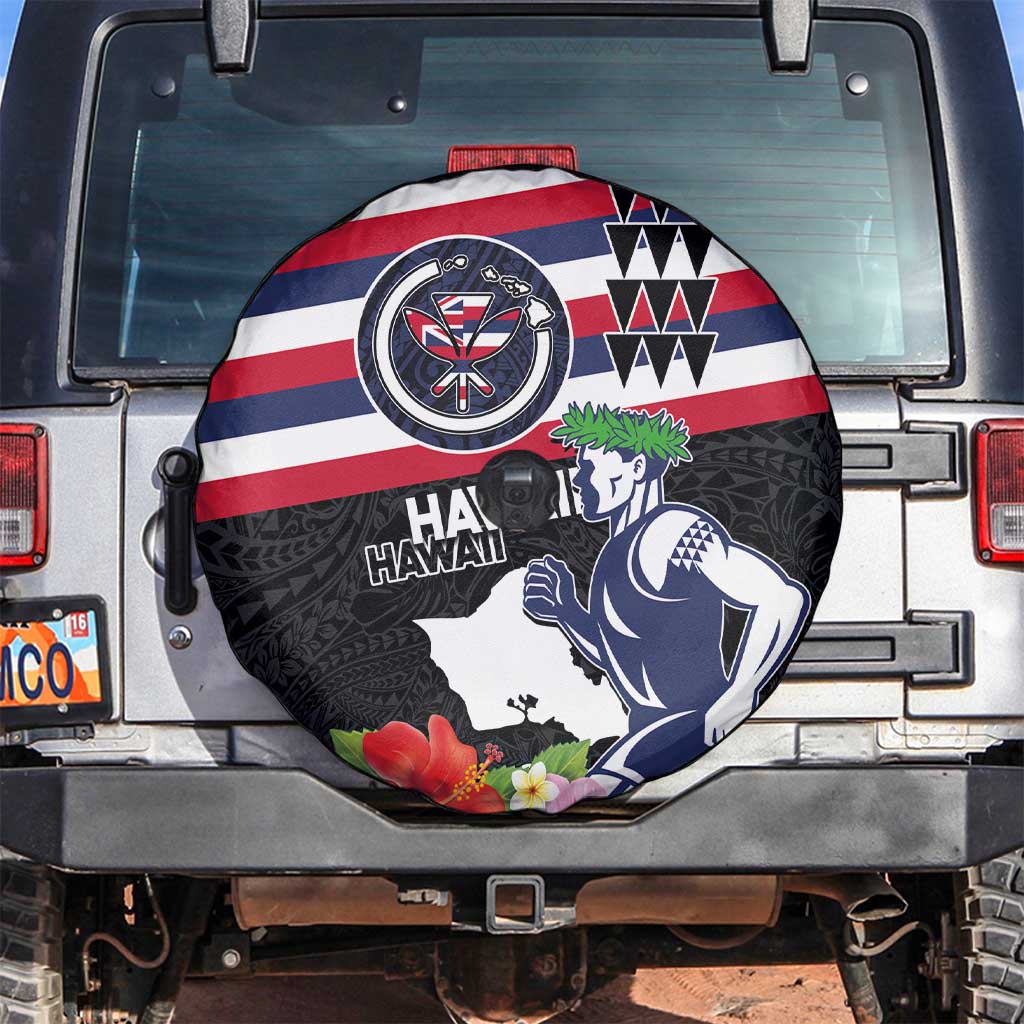 Honolulu Running Race Spare Tire Cover Hawaii Marathon Kakau Art with Hibiscus and National Flag Style LT03 Blue and White - Polynesian Pride