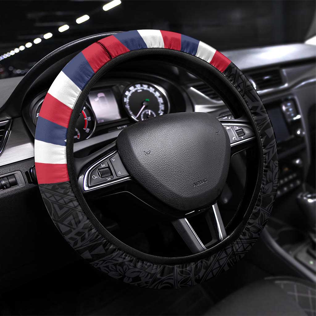 Honolulu Running Race Steering Wheel Cover Hawaii Marathon Kakau Art with Hibiscus and National Flag Style LT03 Universal Fit Blue and White - Polynesian Pride