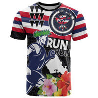 Honolulu Running Race T Shirt Hawaii Marathon Kakau Art with Hibiscus and National Flag Style LT03 Blue and White - Polynesian Pride