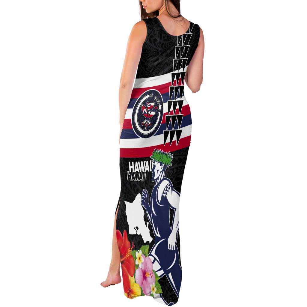 Honolulu Running Race Tank Maxi Dress Hawaii Marathon Kakau Art with Hibiscus and National Flag Style LT03 - Polynesian Pride