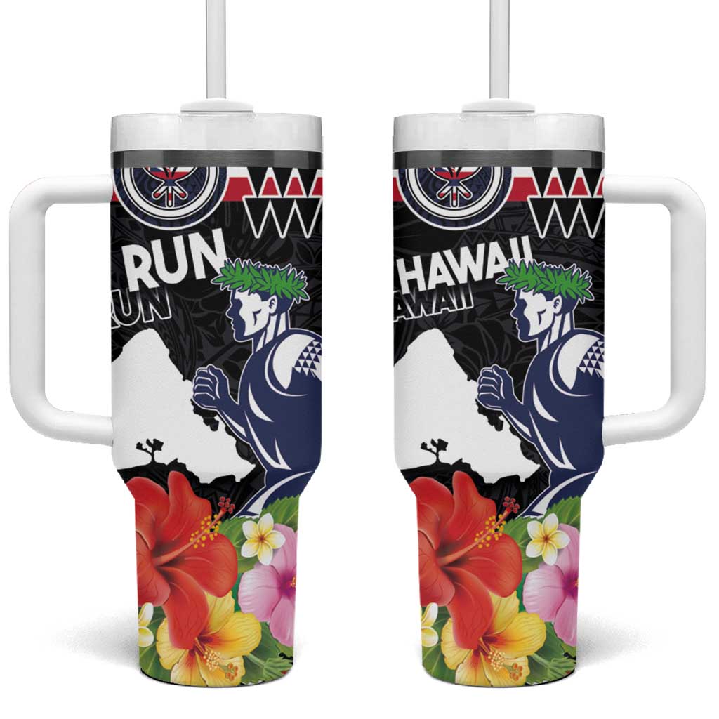 Honolulu Running Race Tumbler With Handle Hawaii Marathon Kakau Art with Hibiscus and National Flag Style LT03 One Size: 40 oz Blue and White - Polynesian Pride
