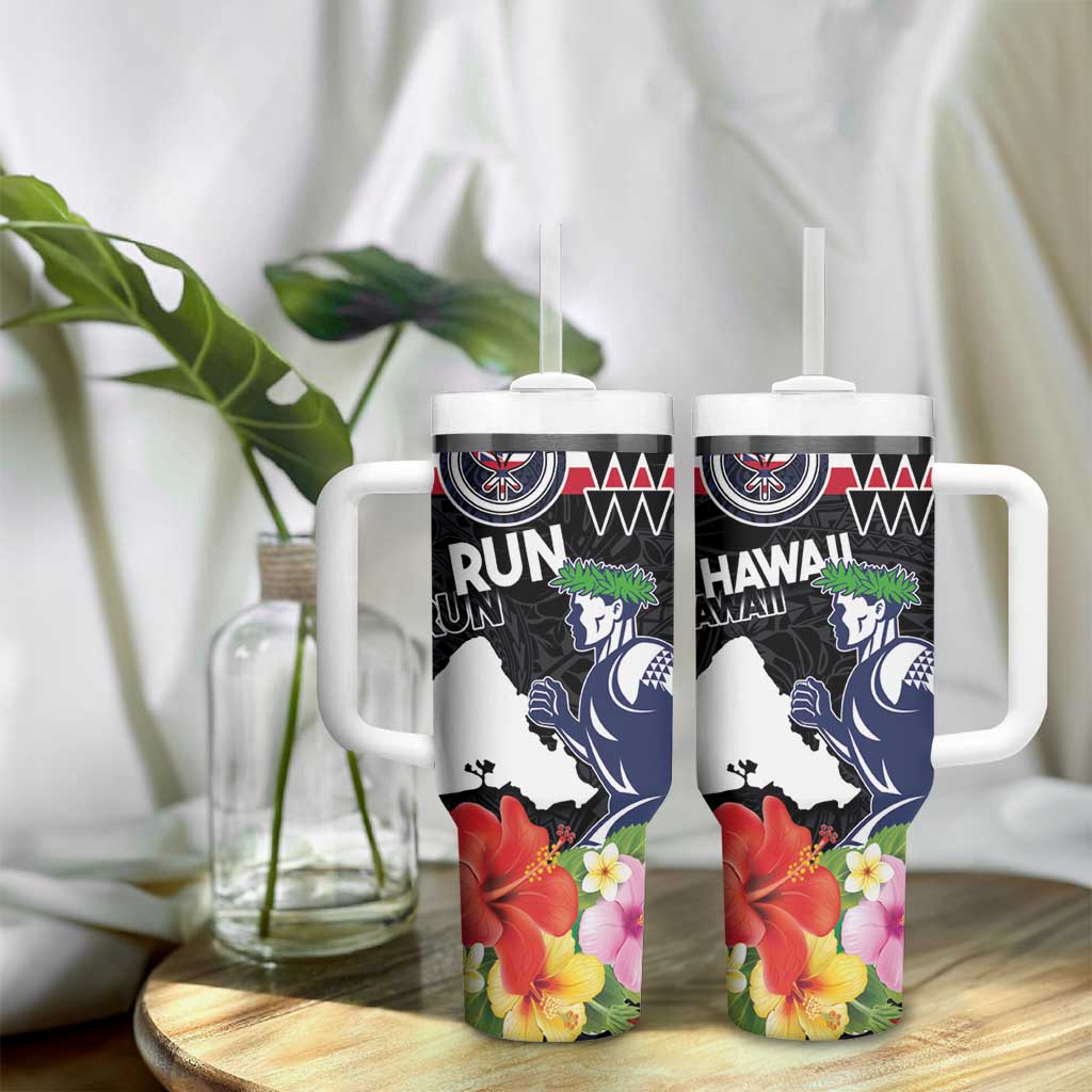 Honolulu Running Race Tumbler With Handle Hawaii Marathon Kakau Art with Hibiscus and National Flag Style LT03 - Polynesian Pride