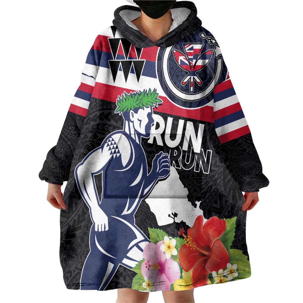 Honolulu Running Race Wearable Blanket Hoodie Hawaii Marathon Kakau Art with Hibiscus and National Flag Style LT03 - Polynesian Pride