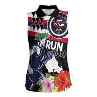 Honolulu Running Race Women Sleeveless Polo Shirt Hawaii Marathon Kakau Art with Hibiscus and National Flag Style LT03 Female Blue and White - Polynesian Pride