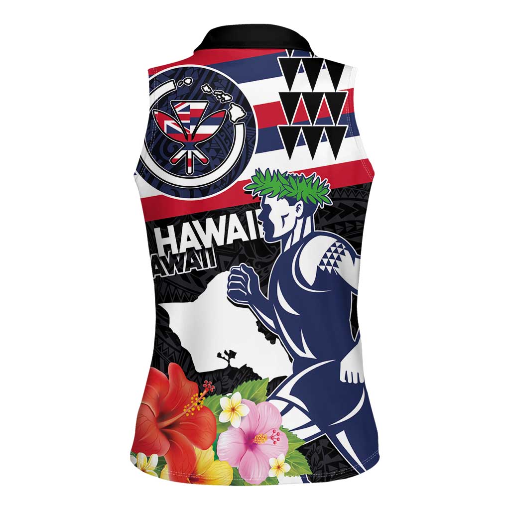 Honolulu Running Race Women Sleeveless Polo Shirt Hawaii Marathon Kakau Art with Hibiscus and National Flag Style LT03 - Polynesian Pride