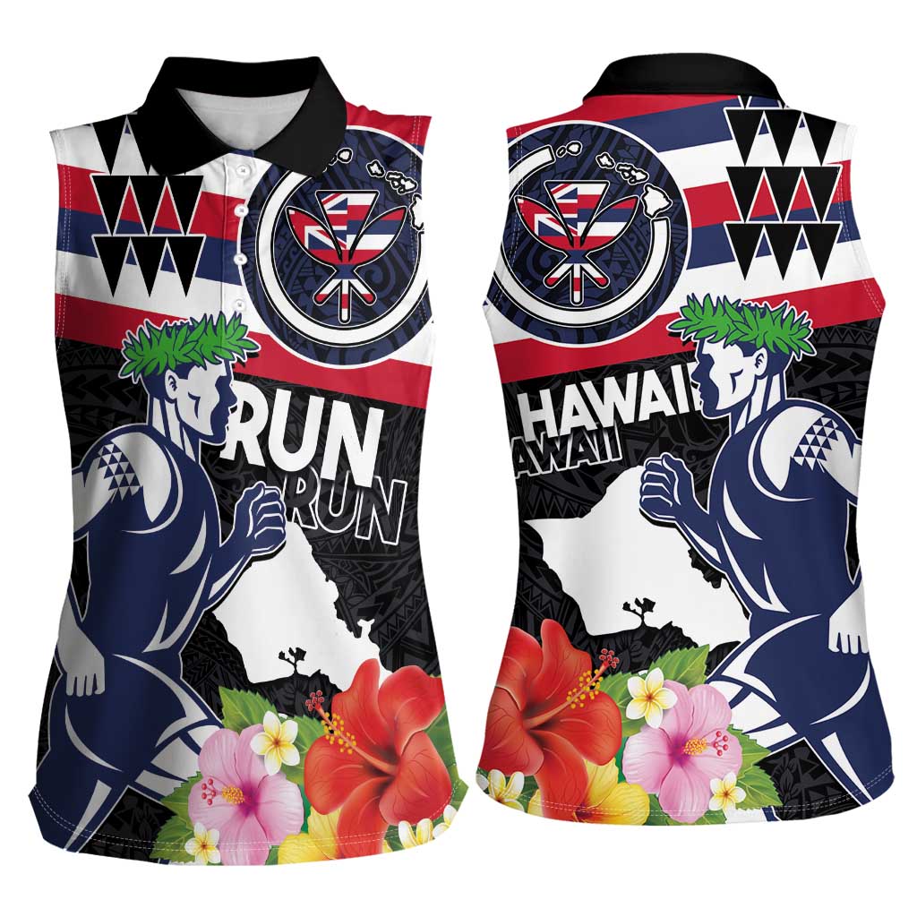 Honolulu Running Race Women Sleeveless Polo Shirt Hawaii Marathon Kakau Art with Hibiscus and National Flag Style LT03 - Polynesian Pride