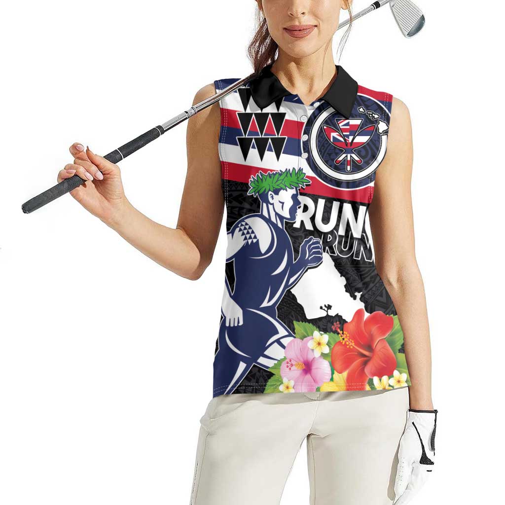 Honolulu Running Race Women Sleeveless Polo Shirt Hawaii Marathon Kakau Art with Hibiscus and National Flag Style LT03 - Polynesian Pride