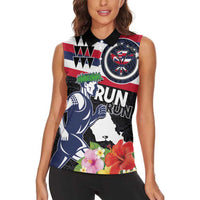 Honolulu Running Race Women Sleeveless Polo Shirt Hawaii Marathon Kakau Art with Hibiscus and National Flag Style LT03 - Polynesian Pride