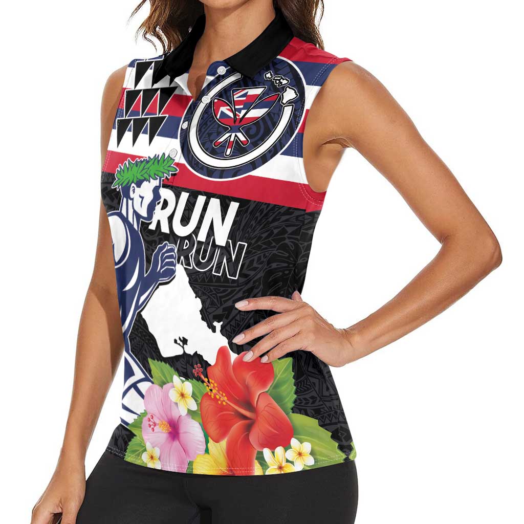 Honolulu Running Race Women Sleeveless Polo Shirt Hawaii Marathon Kakau Art with Hibiscus and National Flag Style LT03 - Polynesian Pride