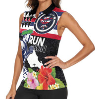 Honolulu Running Race Women Sleeveless Polo Shirt Hawaii Marathon Kakau Art with Hibiscus and National Flag Style LT03 - Polynesian Pride