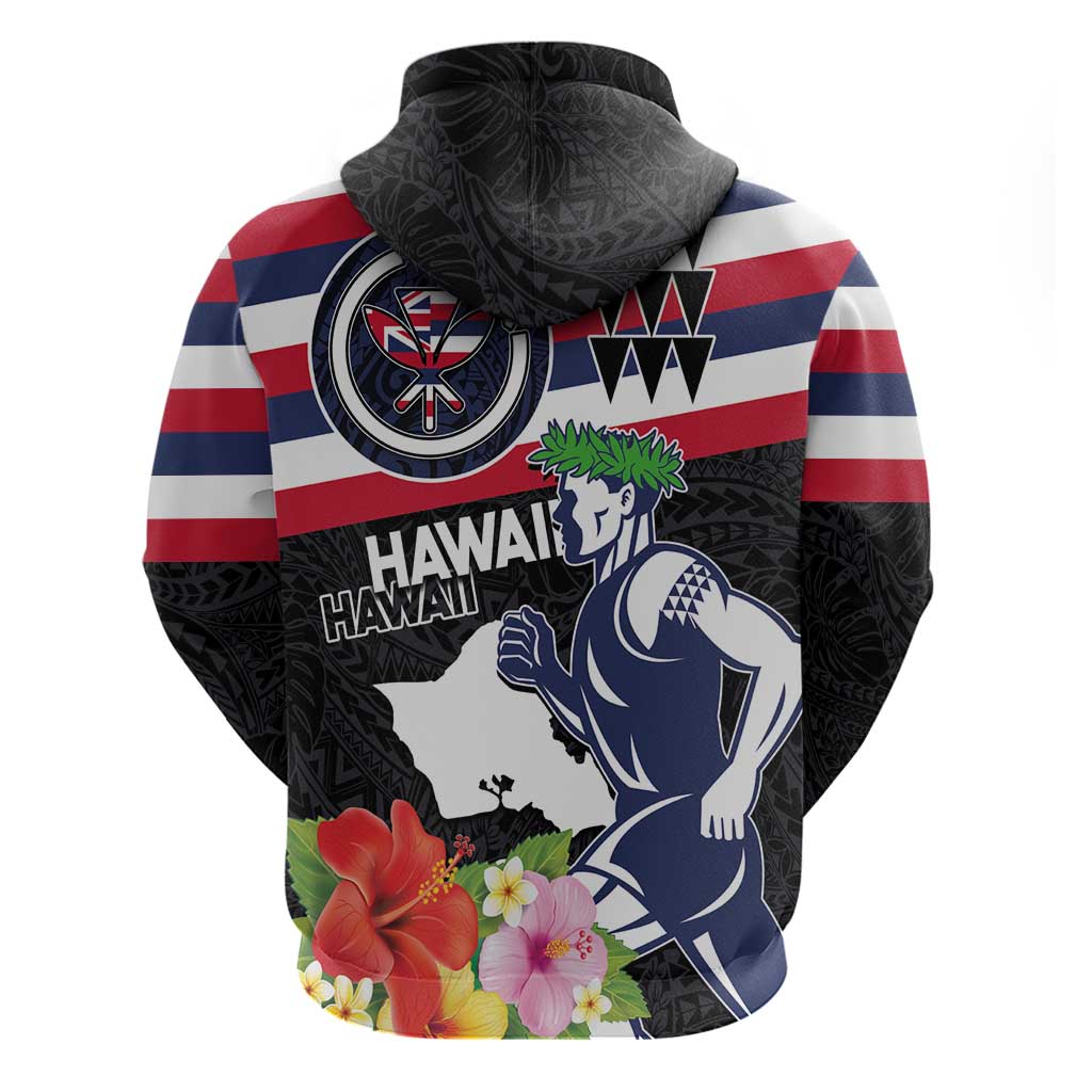 Honolulu Running Race Zip Hoodie Hawaii Marathon Kakau Art with Hibiscus and National Flag Style LT03 - Polynesian Pride