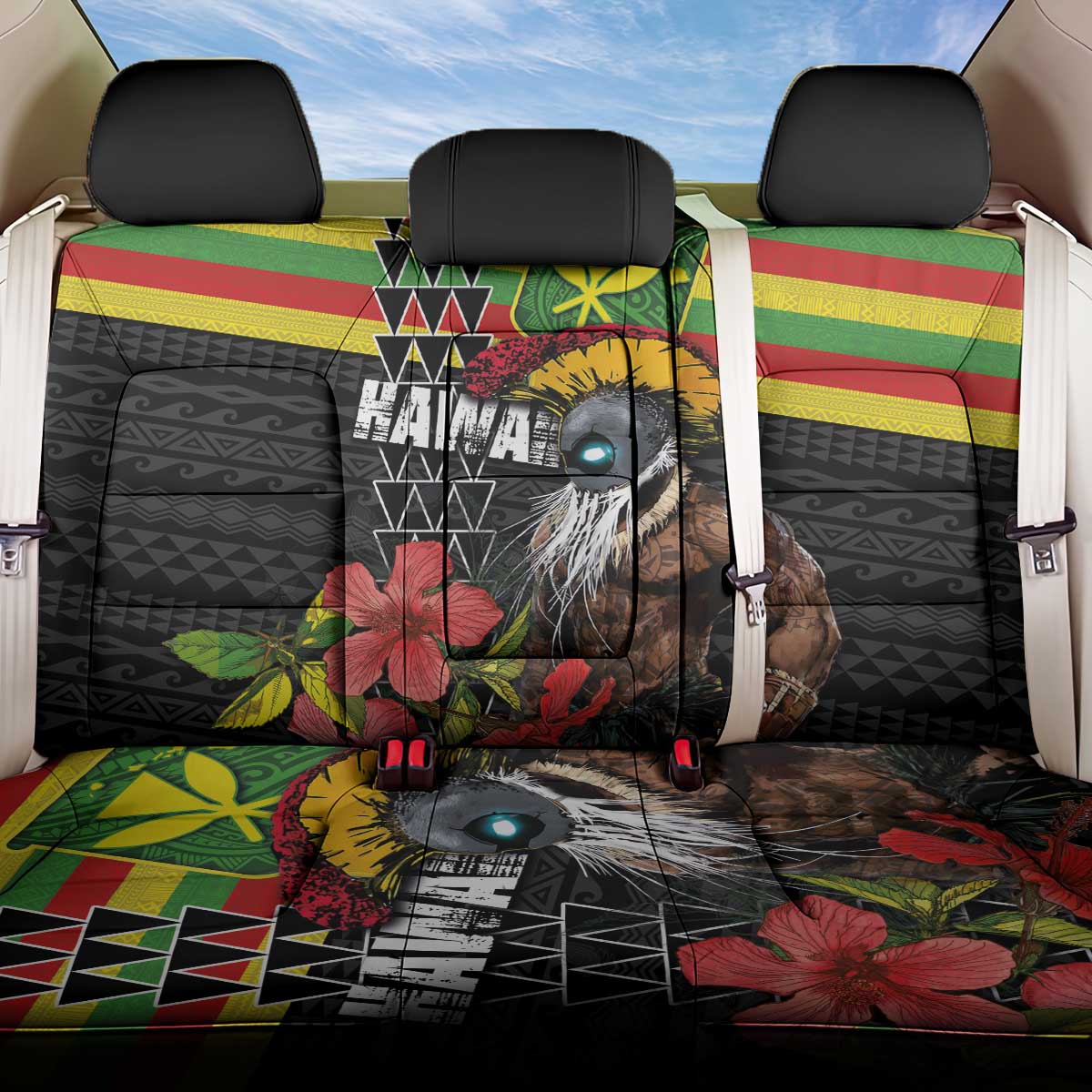 Kanaka Maoli Ikaika Warrior Back Car Seat Cover Hibiscus Kakau Art and Tapa Tribal Pattern LT03 One Size Black - Polynesian Pride