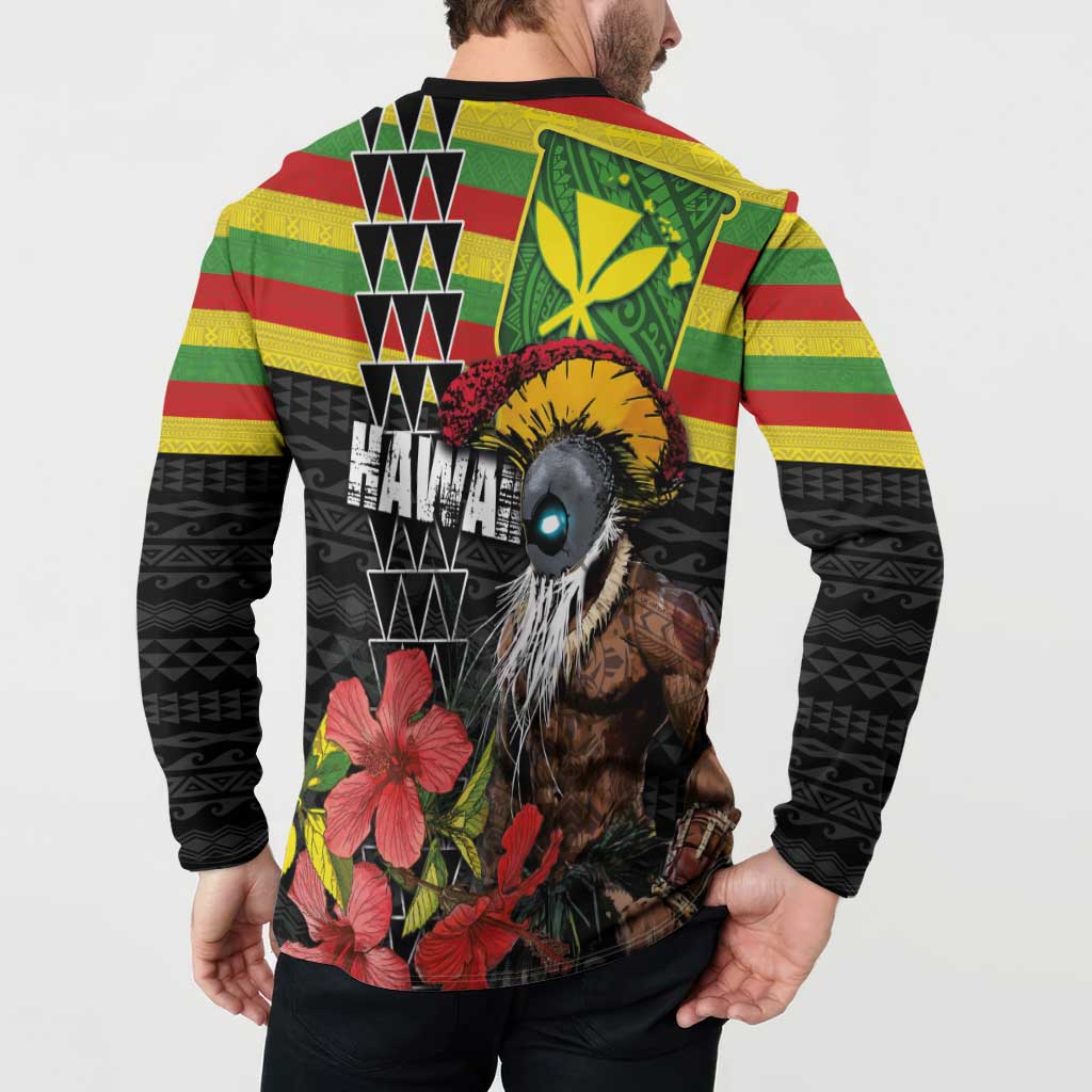 Kanaka Maoli Ikaika Warrior Button Sweatshirt Hibiscus Kakau Art and Tapa Tribal Pattern