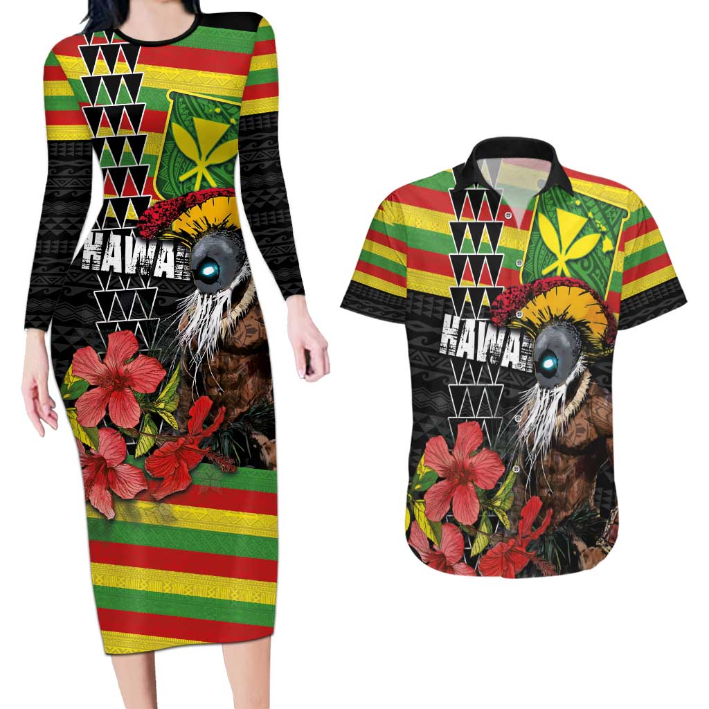 Kanaka Maoli Ikaika Warrior Couples Matching Long Sleeve Bodycon Dress and Hawaiian Shirt Hibiscus Kakau Art and Tapa Tribal Pattern LT03 Black - Polynesian Pride