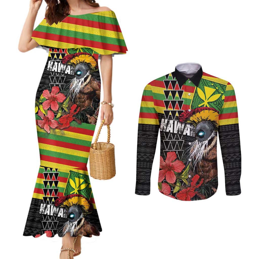 Kanaka Maoli Ikaika Warrior Couples Matching Mermaid Dress and Long Sleeve Button Shirt Hibiscus Kakau Art and Tapa Tribal Pattern LT03 Black - Polynesian Pride