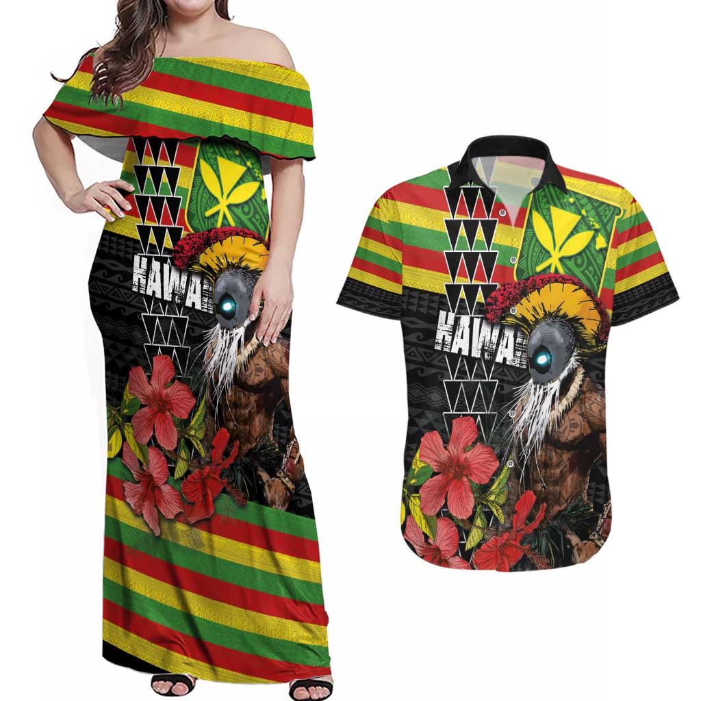 Kanaka Maoli Ikaika Warrior Couples Matching Off Shoulder Maxi Dress and Hawaiian Shirt Hibiscus Kakau Art and Tapa Tribal Pattern LT03 Black - Polynesian Pride