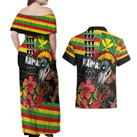 Kanaka Maoli Ikaika Warrior Couples Matching Off Shoulder Maxi Dress and Hawaiian Shirt Hibiscus Kakau Art and Tapa Tribal Pattern LT03 - Polynesian Pride