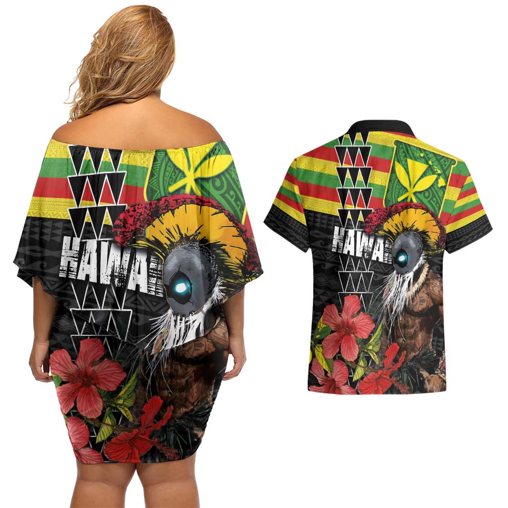 Kanaka Maoli Ikaika Warrior Couples Matching Off Shoulder Short Dress and Hawaiian Shirt Hibiscus Kakau Art and Tapa Tribal Pattern LT03 - Polynesian Pride